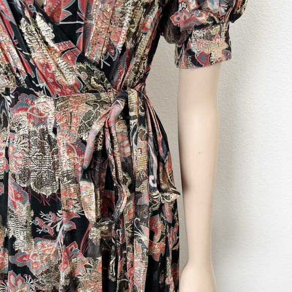 [Hemant & Nandita] Sion Maxi Wrap Dress Metallic Gold Puff Sleeves V-Neck Sz XS - Picture 12 of 14